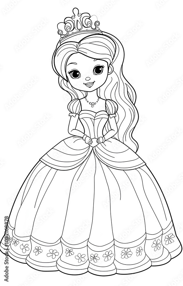 Beautiful Princess with a Crown and a Long Flowing Dress Illustration for Coloring Beautiful Princess with a Crown and a Long Flowing Dress Illustration for Coloring