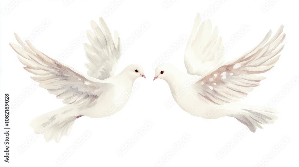 Obraz premium Two doves facing each other in graceful pose, white isolate background.