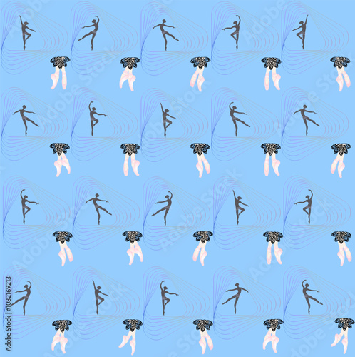 Ballet dancing Seamless pattern with silhouettes of ballerinas and pointe shoes on a blue background Dance background