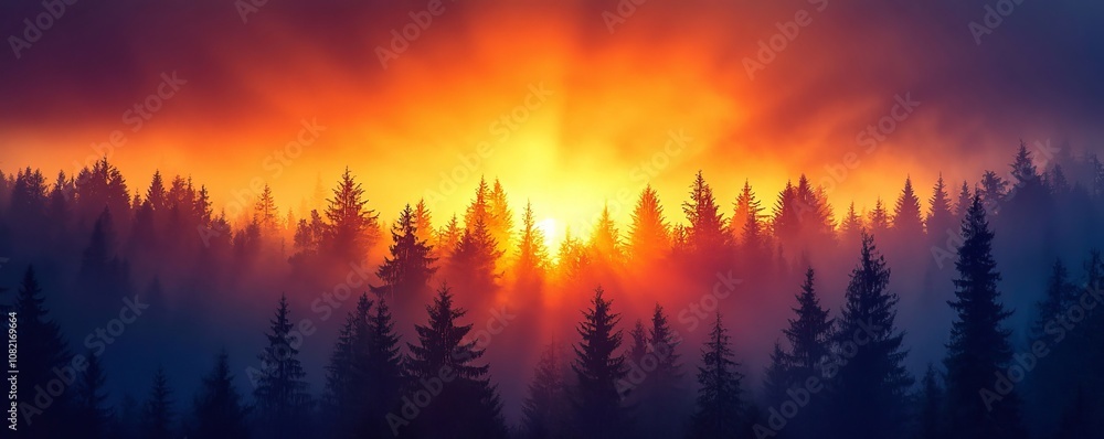 with trees silhouetted against a bright, fiery sunset, Generative AI with trees silhouetted against a bright, fiery sunset, Generative AI