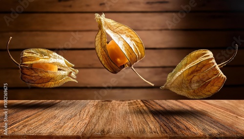 tropical physalis fruit, alkekengi on a wooden table, exotic fruits