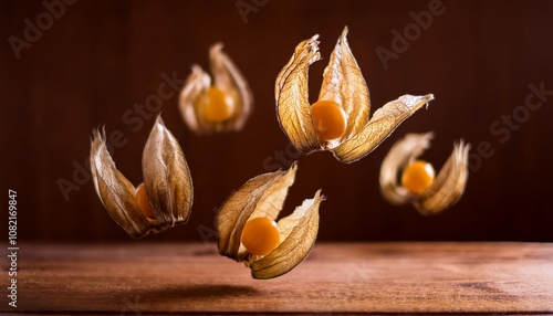 tropical physalis fruit, alkekengi on a wooden table, exotic fruits