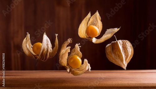 tropical physalis fruit, alkekengi on a wooden table, exotic fruits