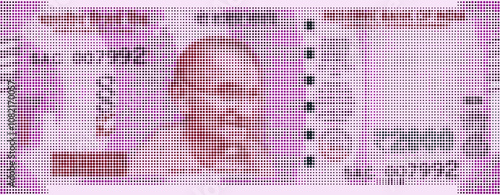 Vector pixel with halftone effect color banknote, denomination of 2000 indian rupee. Mosaic, many dots. Abstract money of India. Obverse of note.