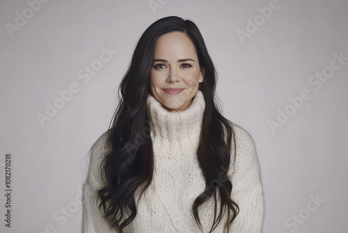 Portrait of a Beautiful Woman in a Cozy Knitted Sweater, Exuding Warmth, Comfort, and Effortless Winter Style photo