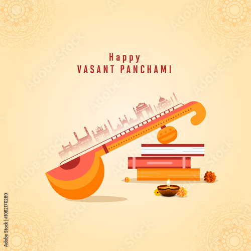 Happy Vasant Panchami with creative concept. Maa Saraswati Pooja India holiday Background with rangoli, Vasant Panchami celebration . Greeting card, 3d vector illustration.