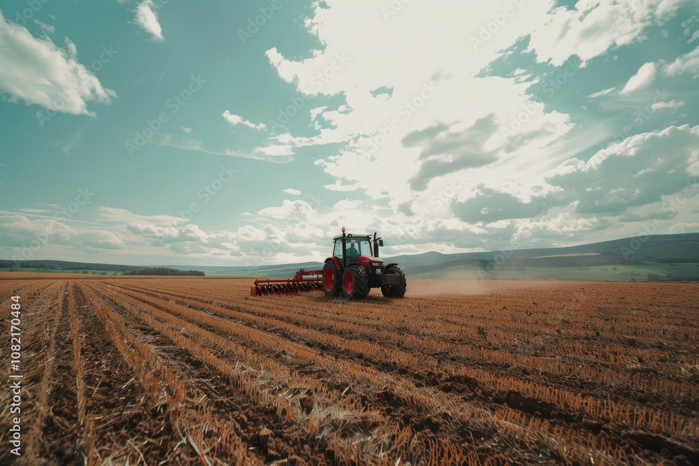 Farmer in tractor preparing land with seedbed cultivator as part of pre seeding activities. Neural network ai generated art Farmer in tractor preparing land with seedbed cultivator as part of pre seeding activities. Neural network ai generated art