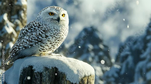 A snowy owl perches on a snow-covered stump in a snowy forest
