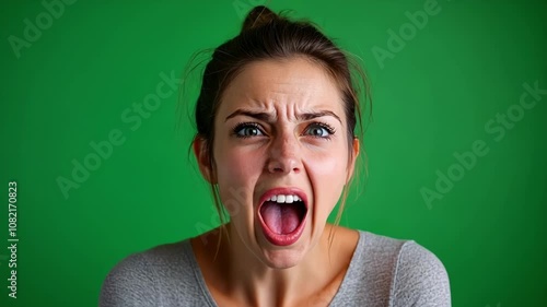 Woman screams against a green screen background, expressing increasing frustration and anger. Her emotions reflect a range of negative feelings, showcasing intense stress and irritation