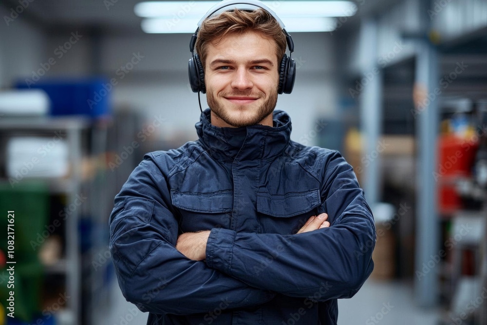With protective headphones. Factory worker is indoors with hard hat , isolated on white background, , copy space, copy space for text, With protective headphones. Factory worker is indoors with hard hat , isolated on white background, , copy space, copy space for text,