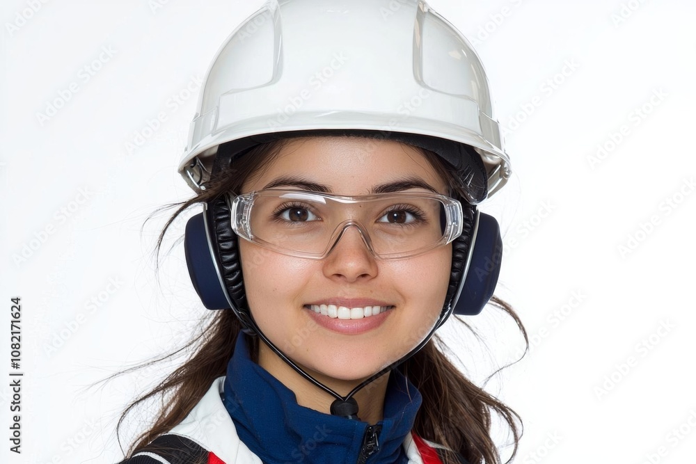 With protective headphones. Factory worker is indoors with hard hat , isolated on white background, , copy space, copy space for text, With protective headphones. Factory worker is indoors with hard hat , isolated on white background, , copy space, copy space for text,