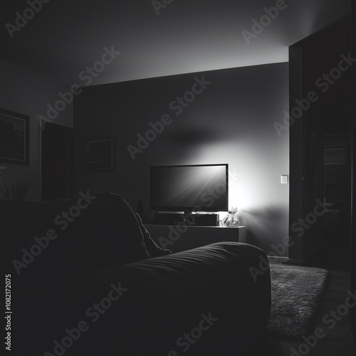 Television in Dark Bedroom with Single Lamp On photo