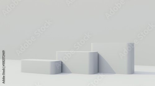 Realistic white 3d rounded pedestal set on white colored stage. Minimalist 3d mock up pedestal on white colored.