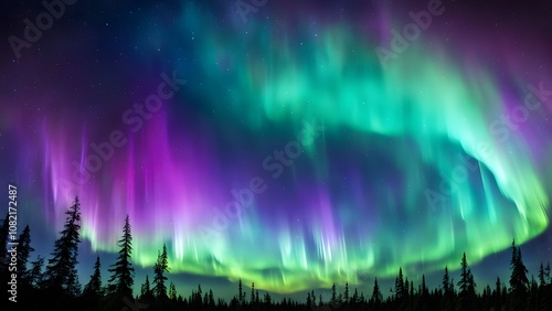 Cosmic aurora lights with vivid greens purples and blues dancing across the sky, AI Generated