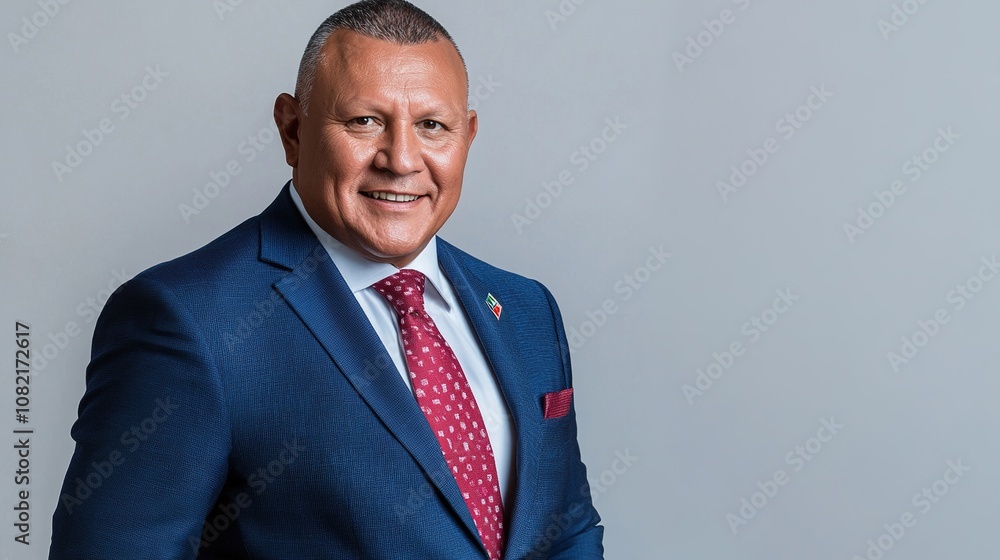Confident Businessman in Blue Suit Posing with a Warm Smile Against a Neutral Background, Ideal for Professional Use and Corporate Themes Confident Businessman in Blue Suit Posing with a Warm Smile Against a Neutral Background, Ideal for Professional Use and Corporate Themes