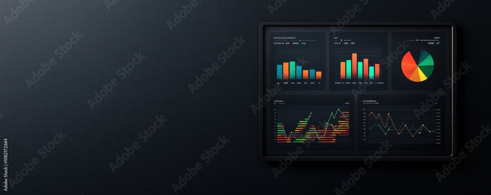A sleek digital dashboard displaying various colorful charts and graphs against a dark background. A sleek digital dashboard displaying various colorful charts and graphs against a dark background.