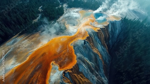 Aerial View of Yellowstone: Captivating Patterns and Textures of Geyser Basins with Multi-Hued Hot Springs Against Rugged Terrain. National Geographic Inspired Photography. photo