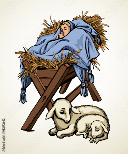 Vector drawing. Baby in a manger