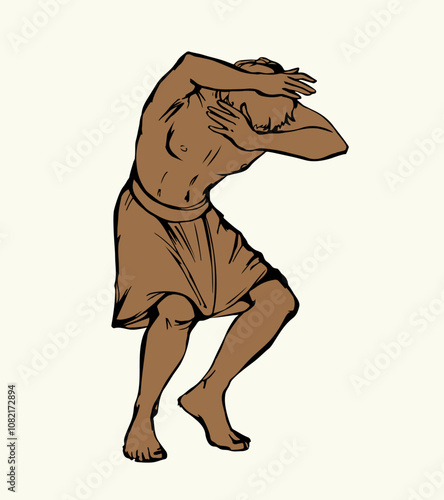 Vector drawing. Man protect himself from the wind