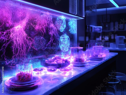 A futuristic kitchen counter with glowing orbs and a vibrant pink and blue light emanating from behind the countertop.