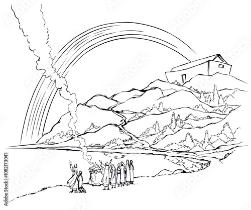 Vector drawing. Noah Offers a Sacrifice to God