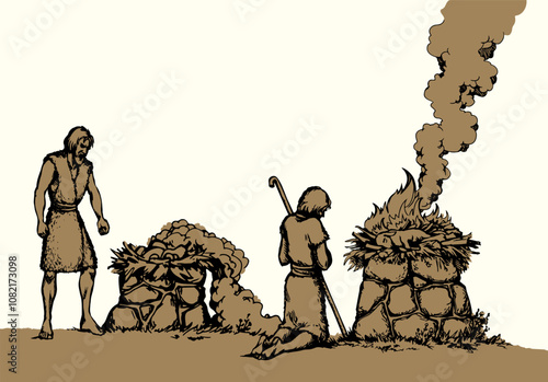 Vector drawing. Man Offers a Sacrifice to God