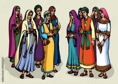 Vector drawing. 10 girls with lamps