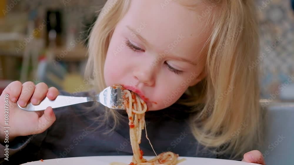 Little child toddler girl Caucasian eats spaghetti with tomato sauce with a fork, at home in the kitchen, sstkBabies Little child toddler girl Caucasian eats spaghetti with tomato sauce with a fork, at home in the kitchen, sstkBabies