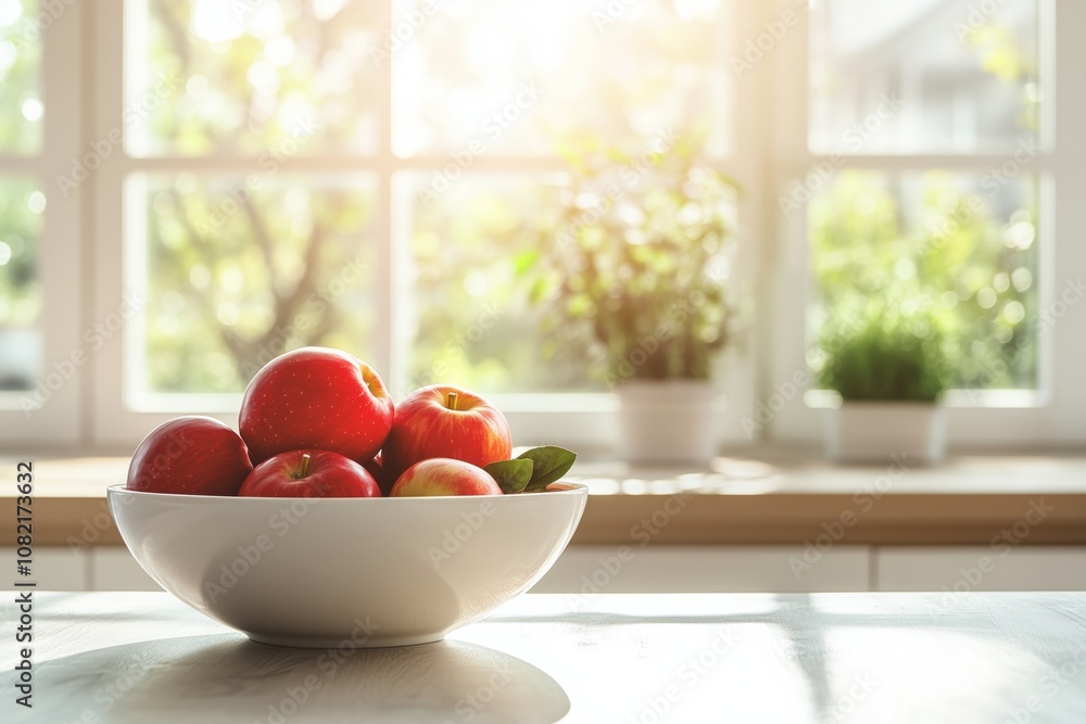 A bowl of fresh red apples on a kitchen table with a bright, airy background. A bowl of fresh red apples on a kitchen table with a bright, airy background.