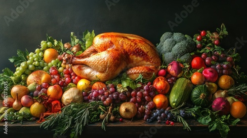 Roasted turkey surrounded by fresh fruits, vegetables, and herbs on a wooden table.