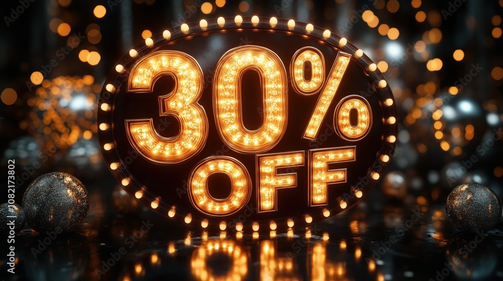 Eye-catching 30% OFF sale sign with warm lights, perfect for holiday promotions and festive decorations. Eye-catching 30% OFF sale sign with warm lights, perfect for holiday promotions and festive decorations.