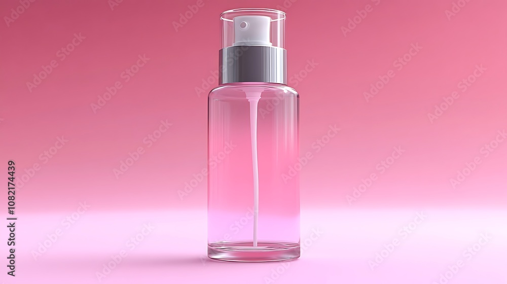 Clear glass bottle with a silver and white pump sprayer on a pink background. Clear glass bottle with a silver and white pump sprayer on a pink background.