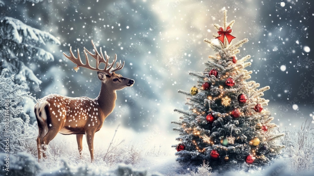 Classic Winter Scene Featuring a Festive Deer Classic Winter Scene Featuring a Festive Deer