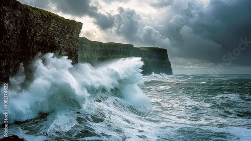 Majestic Cliffs of Moher: Capturing Ireland's Rugged Coastal Beauty with Towering Sea Cliffs and Crashing Waves in National Geographic Style Medium Format Photography.