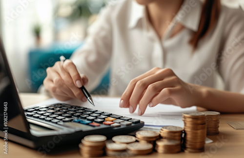 A businesswoman is performing magnificent financial operations, with a stack of coins nearby on the side photo