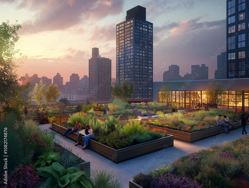 modern urban rooftop garden with city view at sunset modern urban rooftop garden with city view at sunset