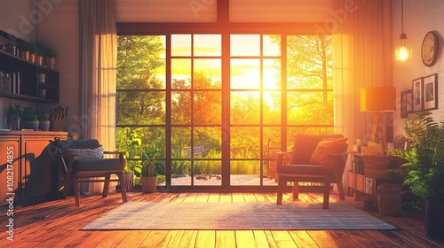 Cozy and Inviting Living Room with Large Windows Overlooking a Beautiful Sunset Landscape, Bathed in Warm Natural Light and Surrounded by Lush Greenery photo