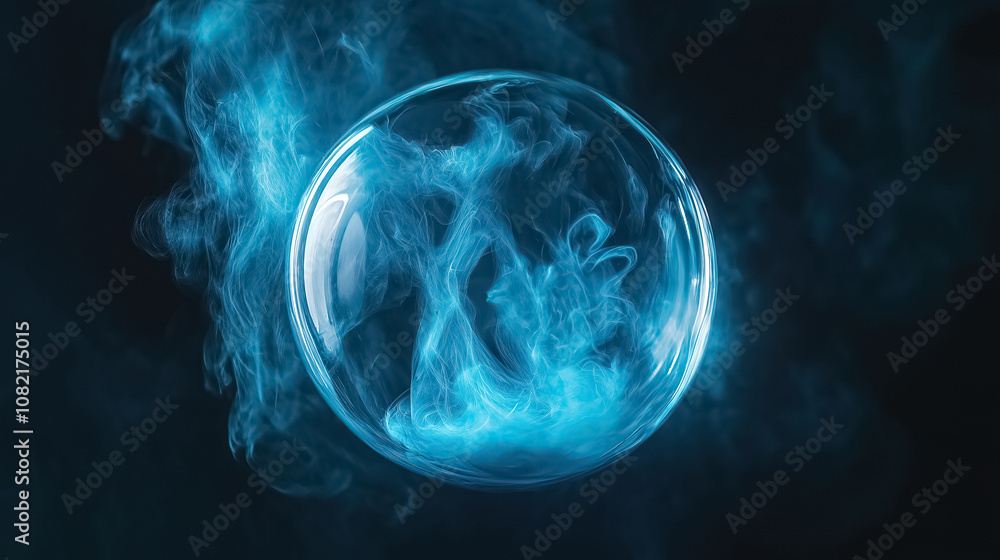 A crystal magic sphere with flowing blue smoke A crystal magic sphere with flowing blue smoke