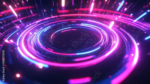 Swirling neon rings wallpaper with light trails on a deep black backdrop