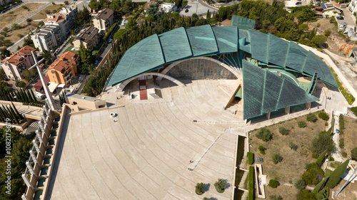 Aerial view of the Sanctuary of Saint Pio of Pietrelcina, also known as Padre Pio Pilgrimage Church. It is a Catholic shrine in San Giovanni Rotondo, in the province of Foggia, in Puglia, Italy.