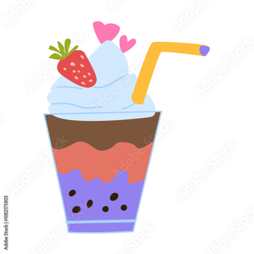 Colorful bubble tea with whipped cream, strawberry topping, and decorative straw.