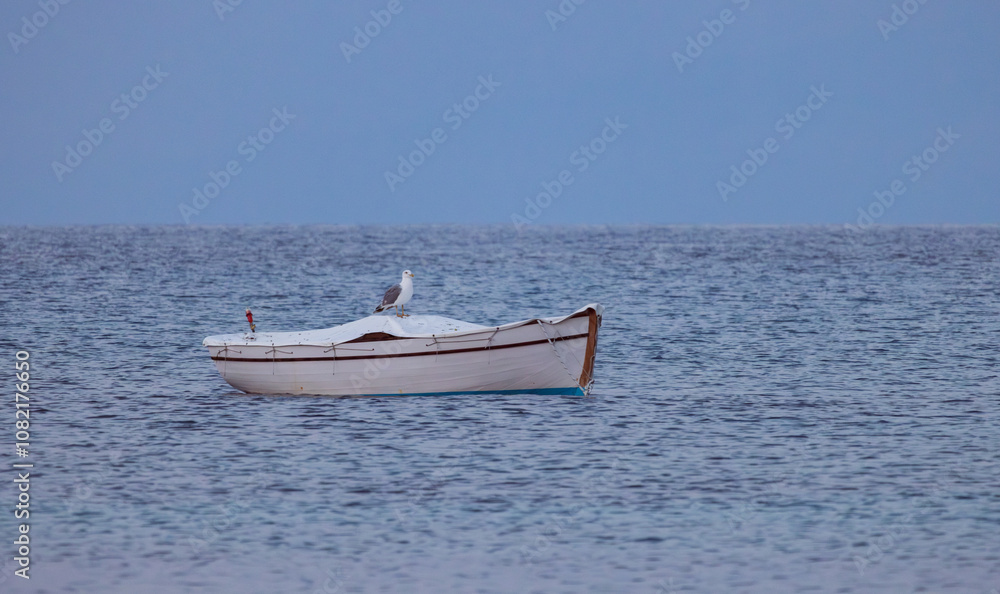 A single boat floats peacefully on a calm sea, with a seagull perched on it under a clear evening sky, evoking serenity and solitude in a tranquil setting. A single boat floats peacefully on a calm sea, with a seagull perched on it under a clear evening sky, evoking serenity and solitude in a tranquil setting.