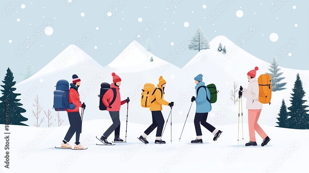 A group of hikers trek through a snowy mountain landscape, enjoying the fresh air and winter scenery A group of hikers trek through a snowy mountain landscape, enjoying the fresh air and winter scenery
