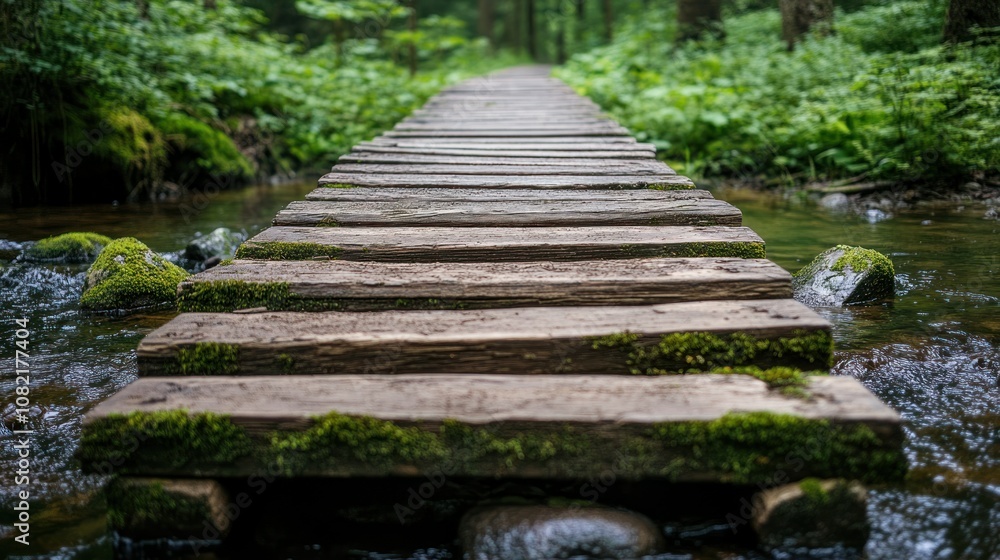 Wooden Pathway Across a Mossy Creek in a Lush Forest Wooden Pathway Across a Mossy Creek in a Lush Forest