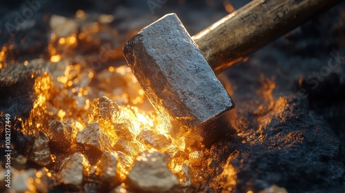 A close-up of a hammer striking a pile of gold nuggets, with a bright light emanating from the impact. photo