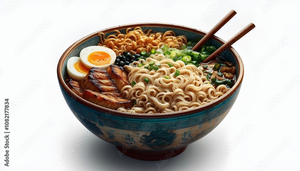 A close-up view of a bowl of ramen noodles with egg, chicken, and vegetables isolated on a white background A close-up view of a bowl of ramen noodles with egg, chicken, and vegetables isolated on a white background