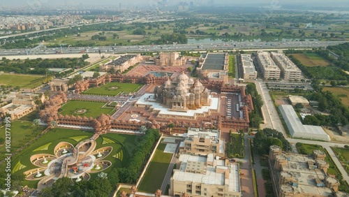 Aerial View Drone Footage of Akshardham Temple in New Delhi one of the largest Hindu temple in India 