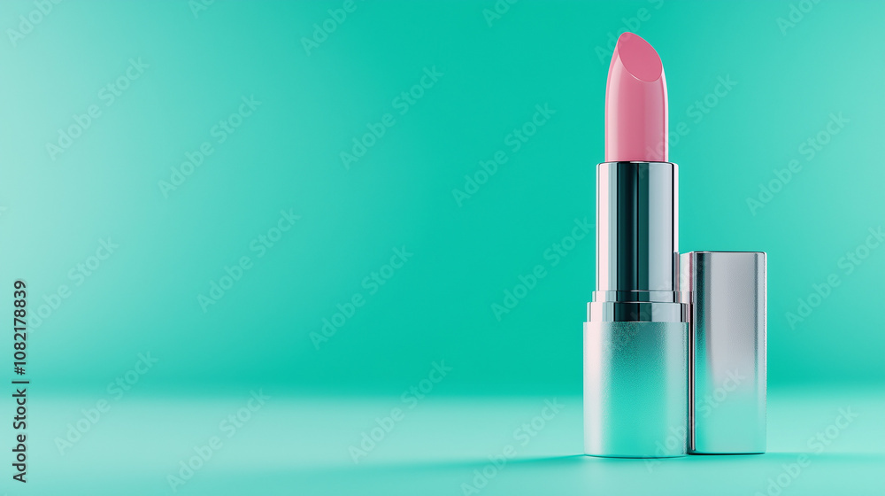 Pink lipstick on teal background with silver cap Pink lipstick on teal background with silver cap