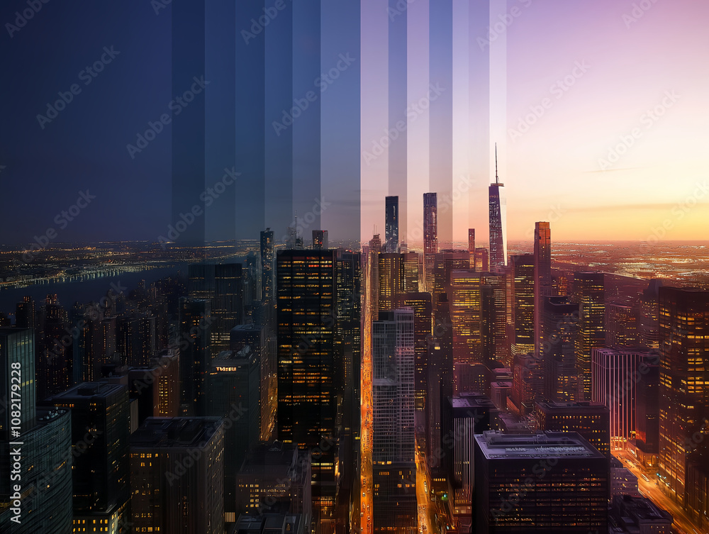 Obraz premium an aerial view of a modern cityscape at sunrise, dusk, daylight, and night in one picture