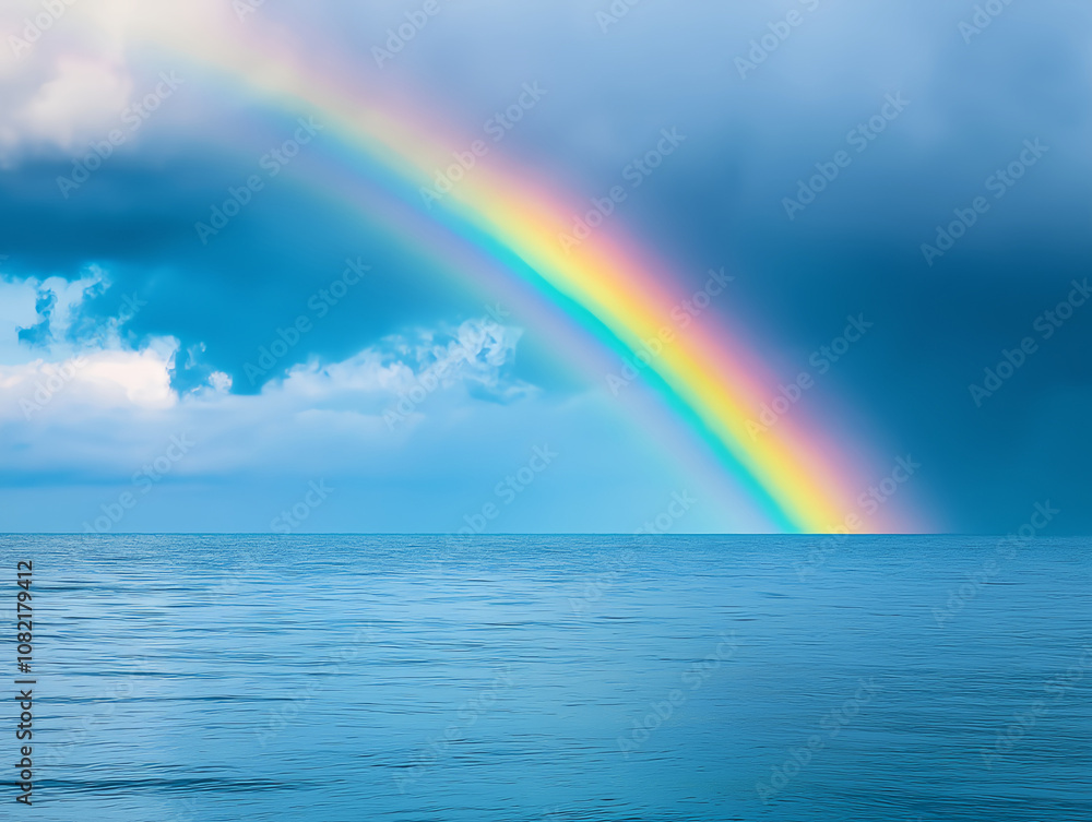 serene ocean scene with a vibrant rainbow arching across a clear sky serene ocean scene with a vibrant rainbow arching across a clear sky